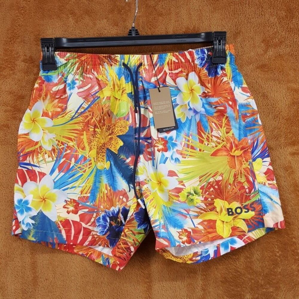 HUGO BOSS Swim Shorts Mens Small Orange Blue Drawstring Tropical Floral PIRANHA